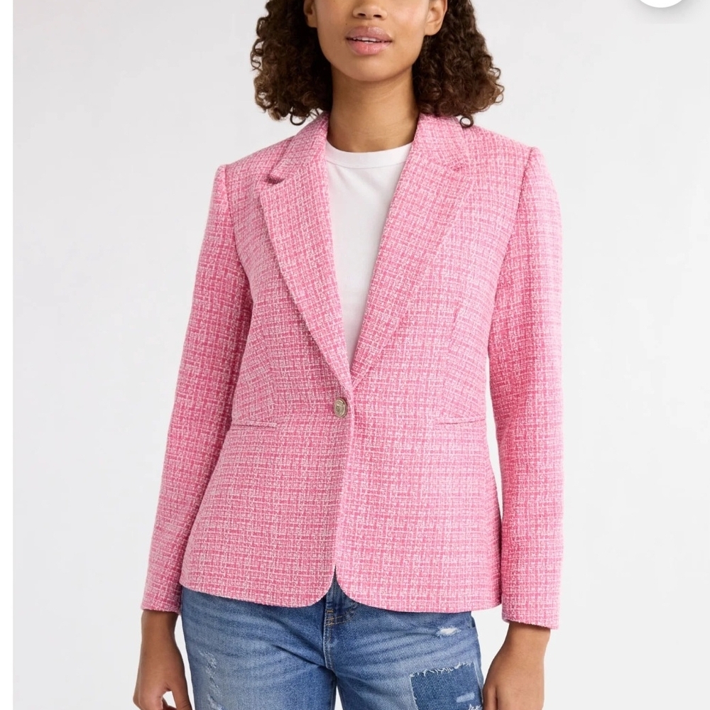 Pink Tweed Single-Button Women's Blazer Size XXL (18/20)